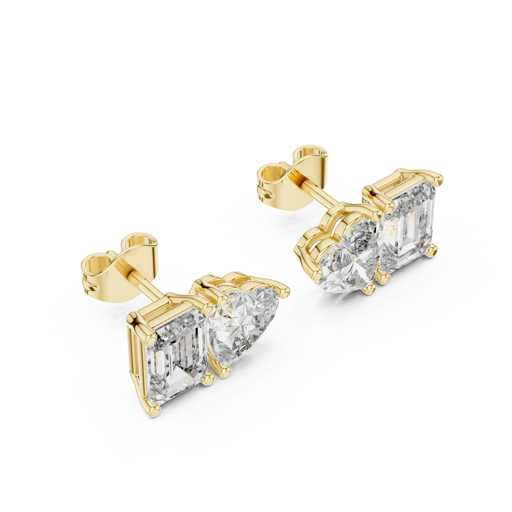 Amoretta Toi et Moi Emerald & Heart Lab Grown Diamond Stud Earrings
