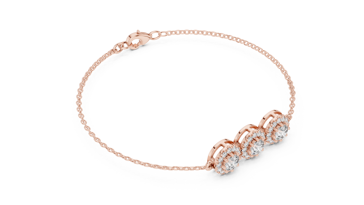 Halovelle Three Stone Halo Lab Grown Diamond Chain Bracelet