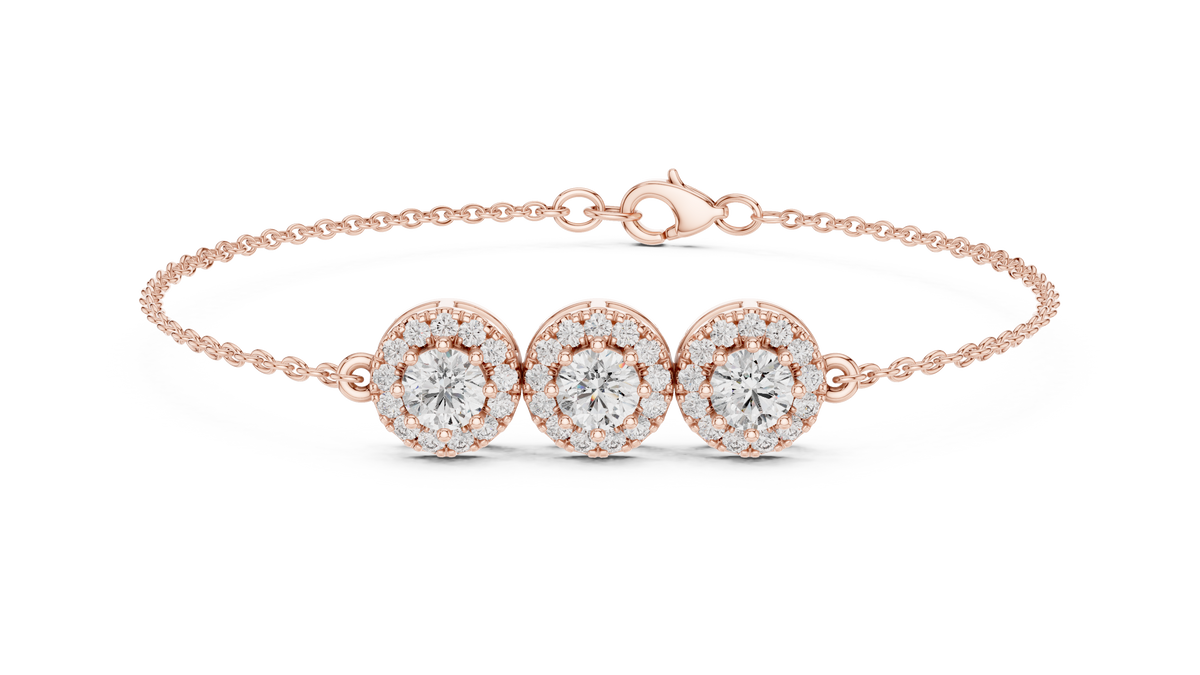 Halovelle Three Stone Halo Lab Grown Diamond Chain Bracelet