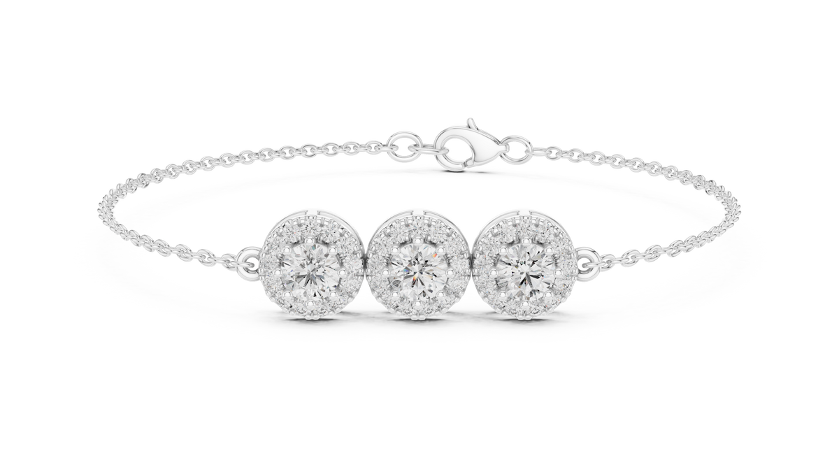 Halovelle Three Stone Halo Lab Grown Diamond Chain Bracelet