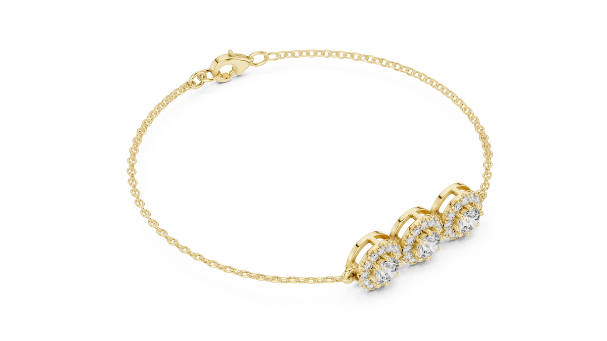 Halovelle Three Stone Halo Lab Grown Diamond Chain Bracelet