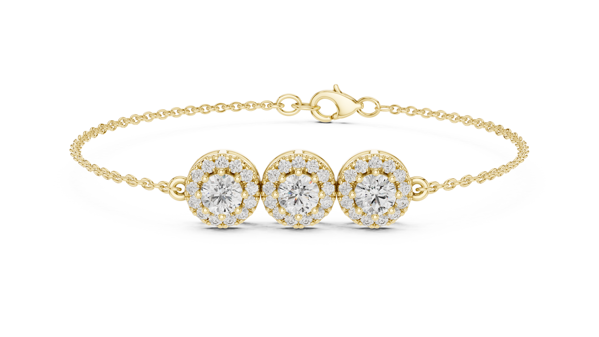 Halovelle Three Stone Halo Lab Grown Diamond Chain Bracelet