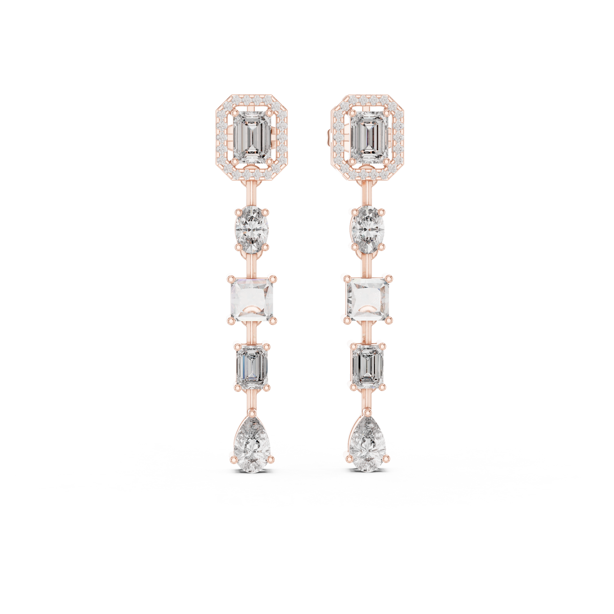 Crystelle Emerald Cut Halo and Mixed Cut Linear Lab Grown Diamond Drop Earrings