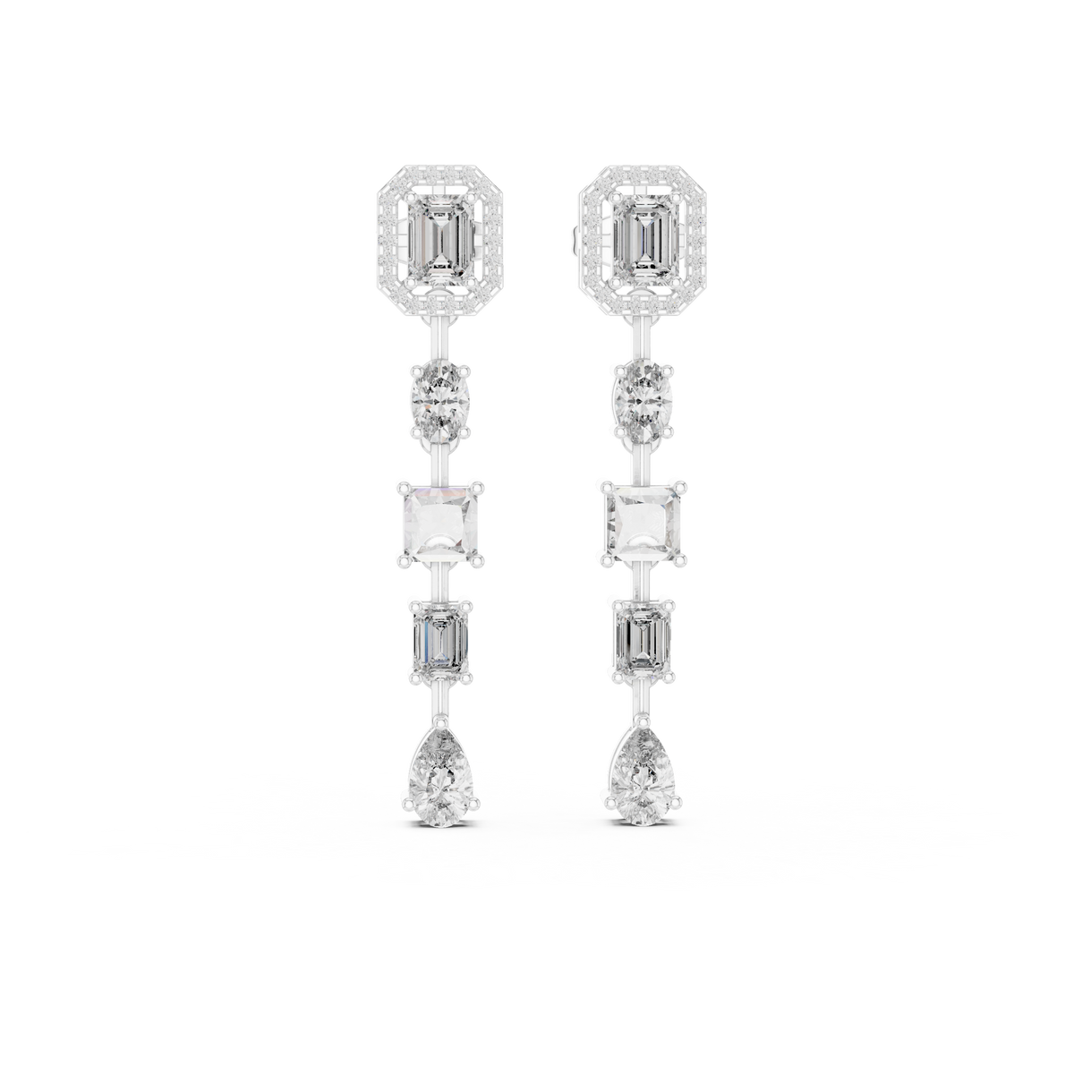 Crystelle Emerald Cut Halo and Mixed Cut Linear Lab Grown Diamond Drop Earrings