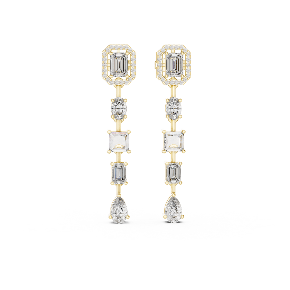 Crystelle Emerald Cut Halo and Mixed Cut Linear Lab Grown Diamond Drop Earrings