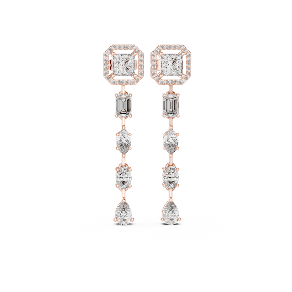 Rivelle Princess Cut Halo and Mixed Cut Linear Lab Grown Diamond Drop Earrings