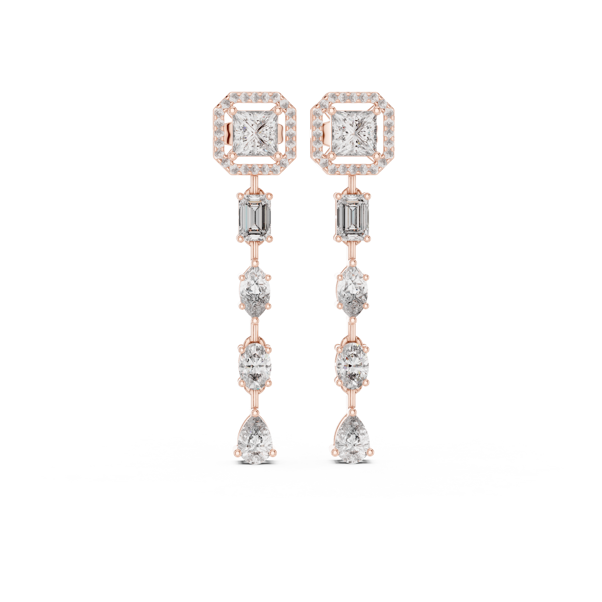 Rivelle Princess Cut Halo and Mixed Cut Linear Lab Grown Diamond Drop Earrings