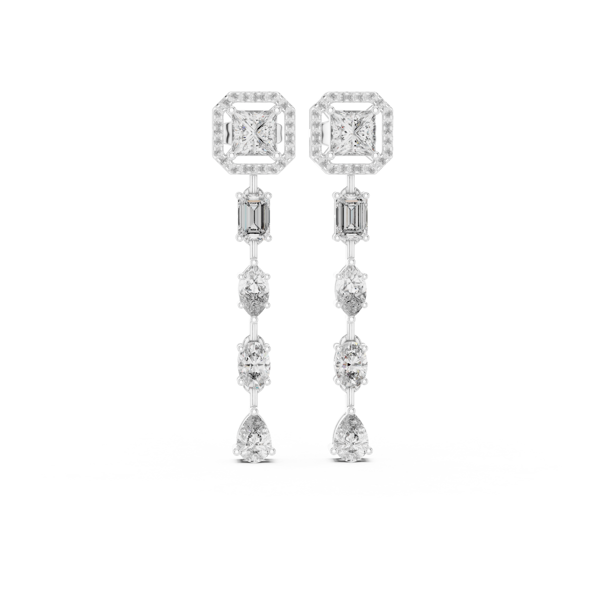 Rivelle Princess Cut Halo and Mixed Cut Linear Lab Grown Diamond Drop Earrings