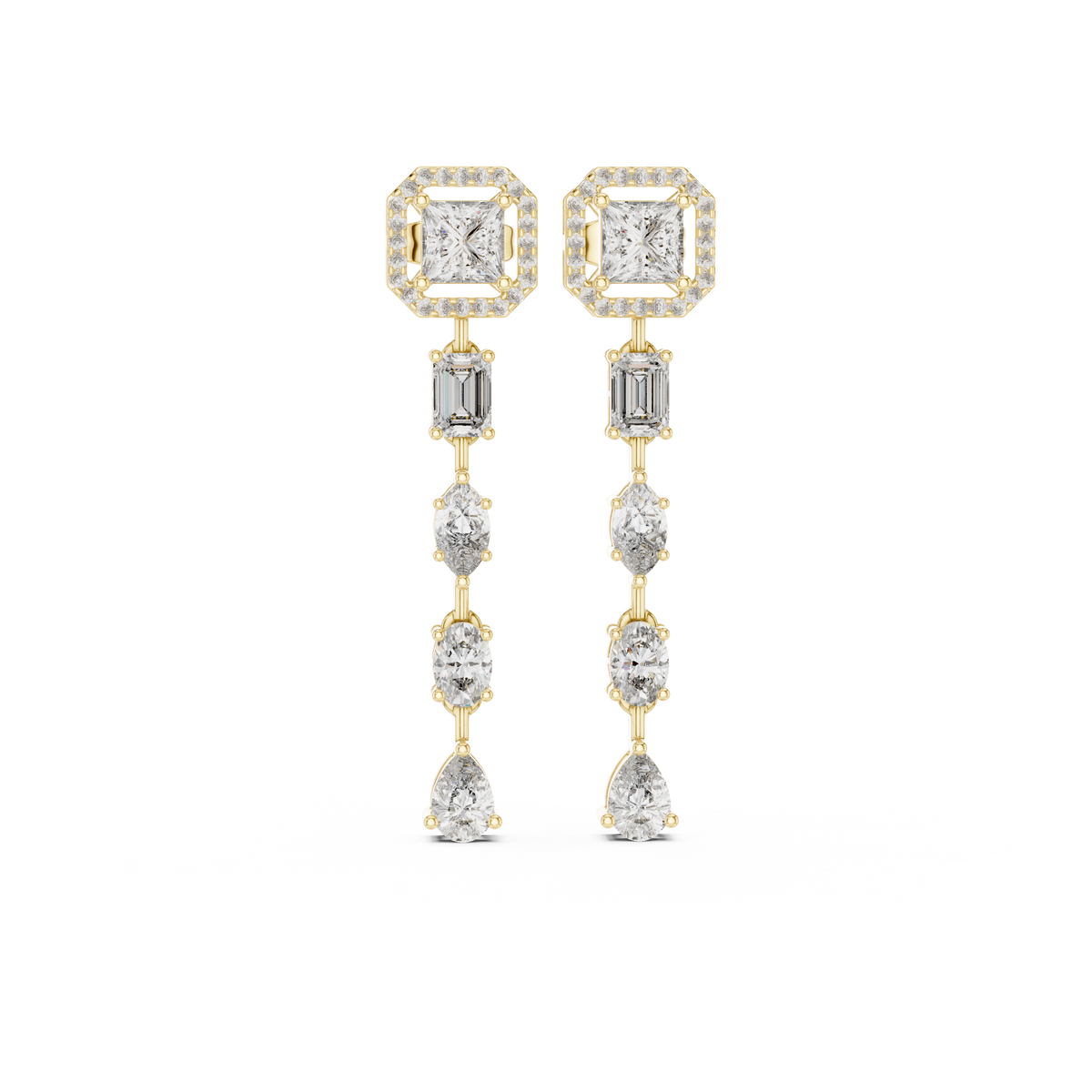 Rivelle Princess Cut Halo and Mixed Cut Linear Lab Grown Diamond Drop Earrings