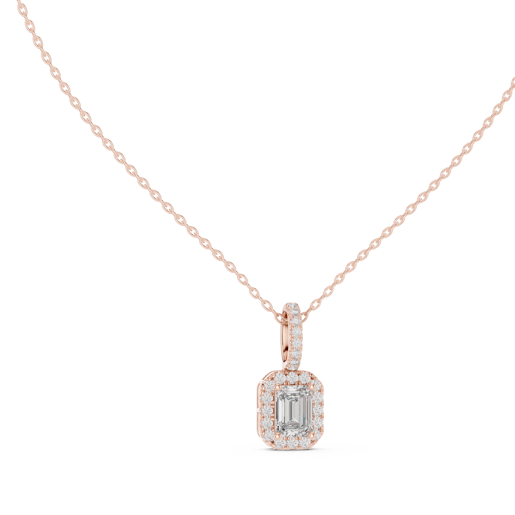 Emeralyn Emerald Cut Halo Lab Grown Diamond Pendant with Diamond Bail