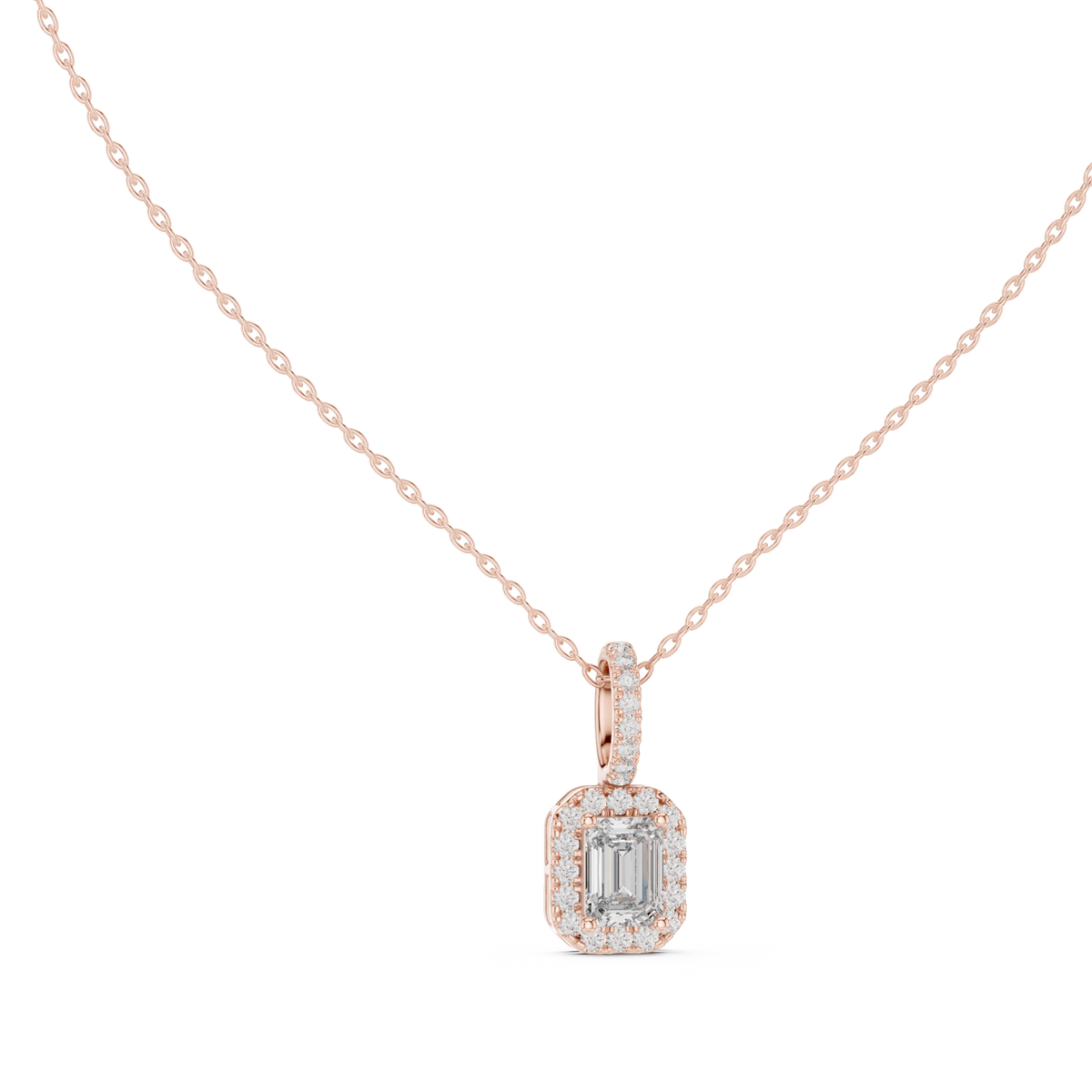 Emeralyn Emerald Cut Halo Lab Grown Diamond Pendant with Diamond Bail