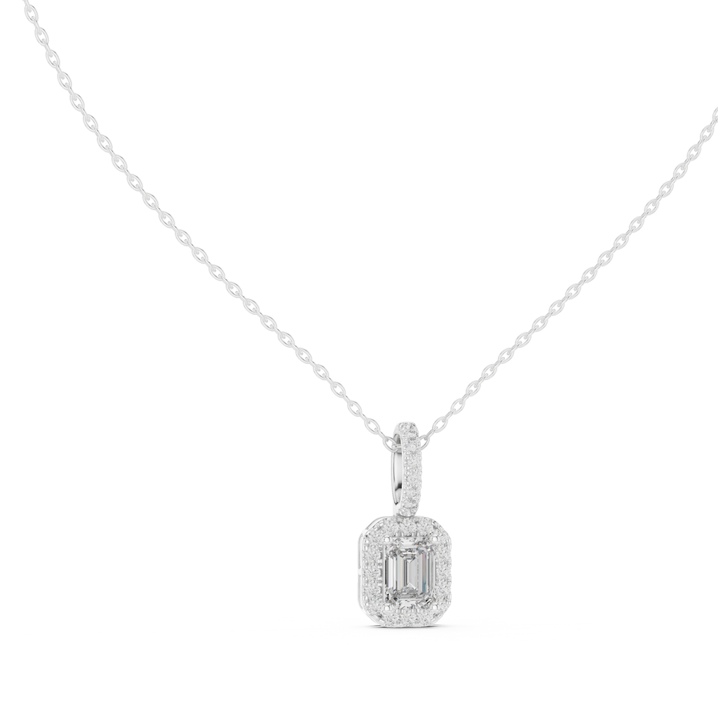 Emeralyn Emerald Cut Halo Lab Grown Diamond Pendant with Diamond Bail