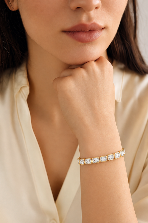 Bezelline Emerald Cut Bezel Set Lab Grown Diamond Tennis Bracelet