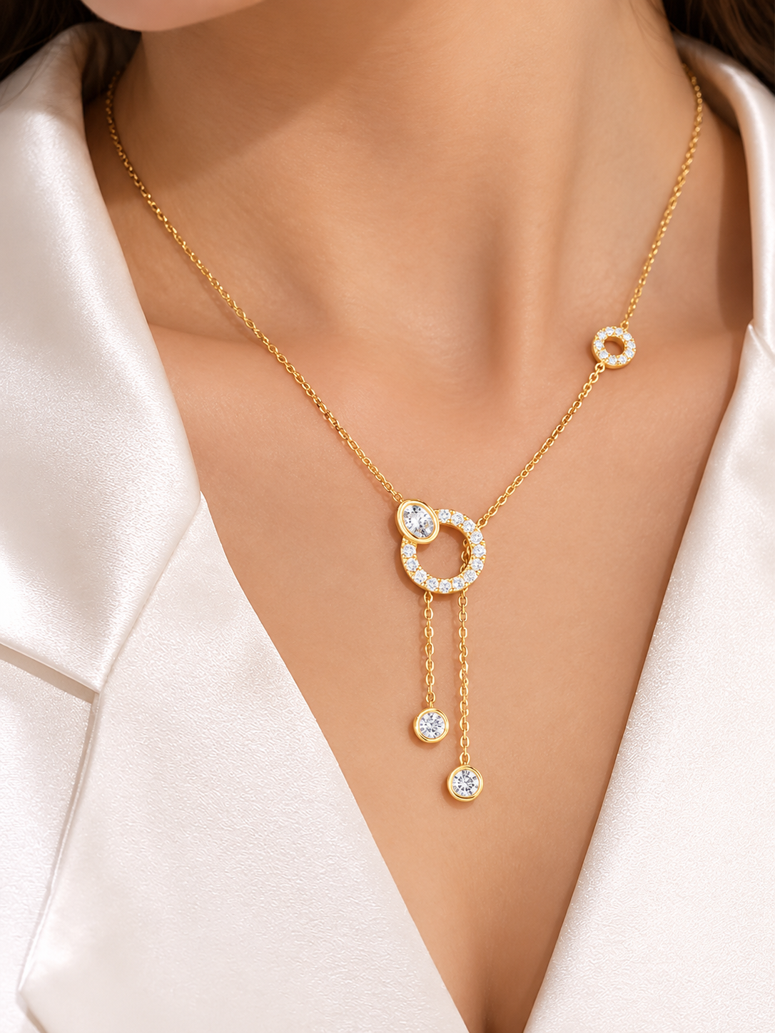 Elegant Rose Gold Diamond Circle Drop Lariat Necklace