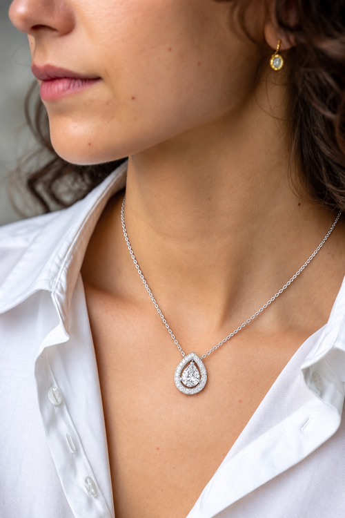 Aurelle Pear Halo Lab Grown Diamond Pendant Necklace