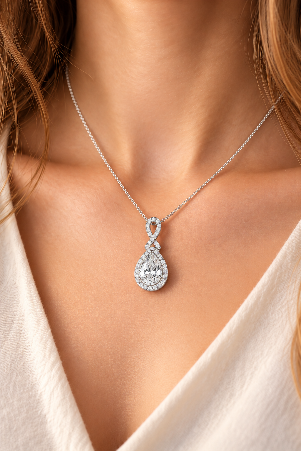 Vesperra Pear Halo Lab Grown Diamond Pendant with Twisted Bail