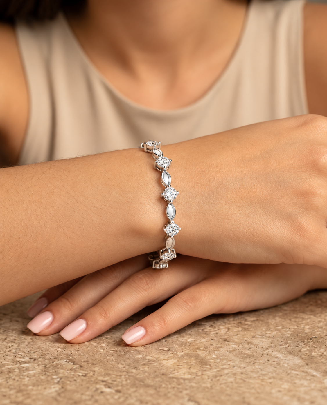 Navelle Leaf Link Round Lab Grown Diamond Station Bracelet