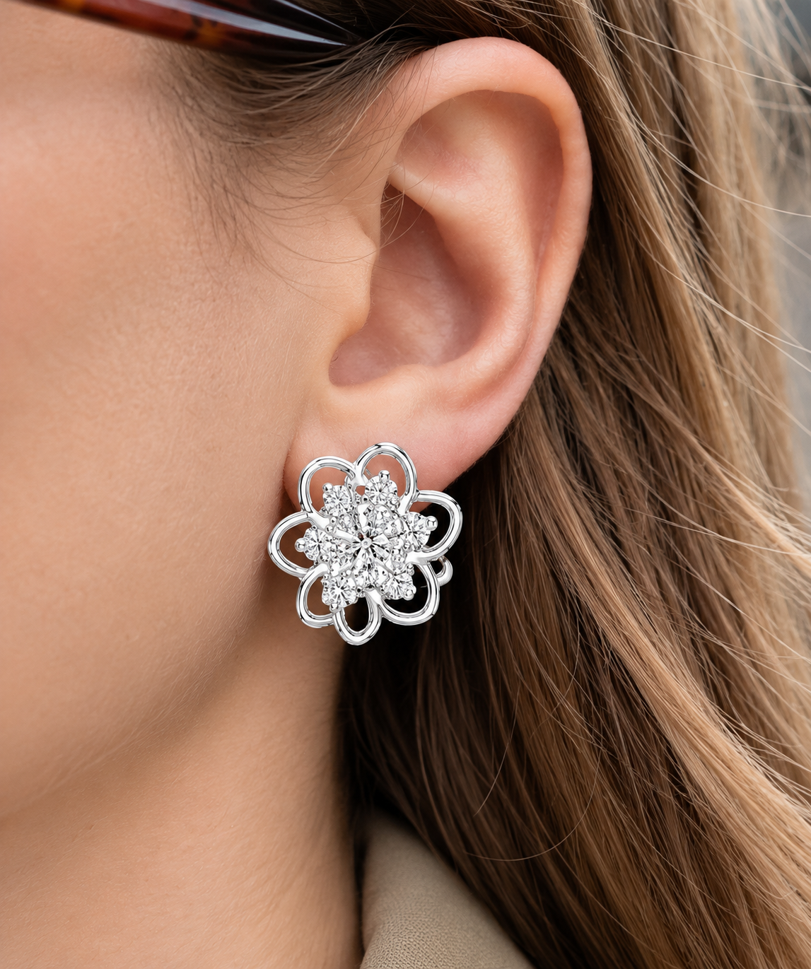 Jasmelle Open Petal Seven Stone Cluster Lab Grown Diamond Earrings