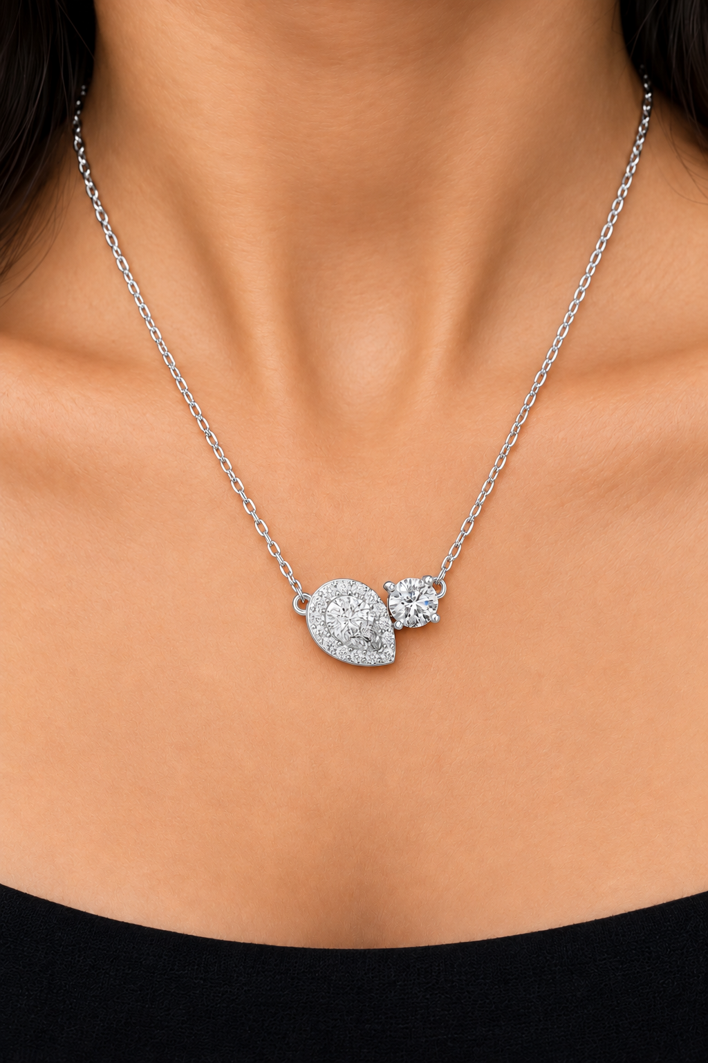 Tessaly Pear Halo and Round Solitaire Toi et Moi Lab Grown Diamond Necklace