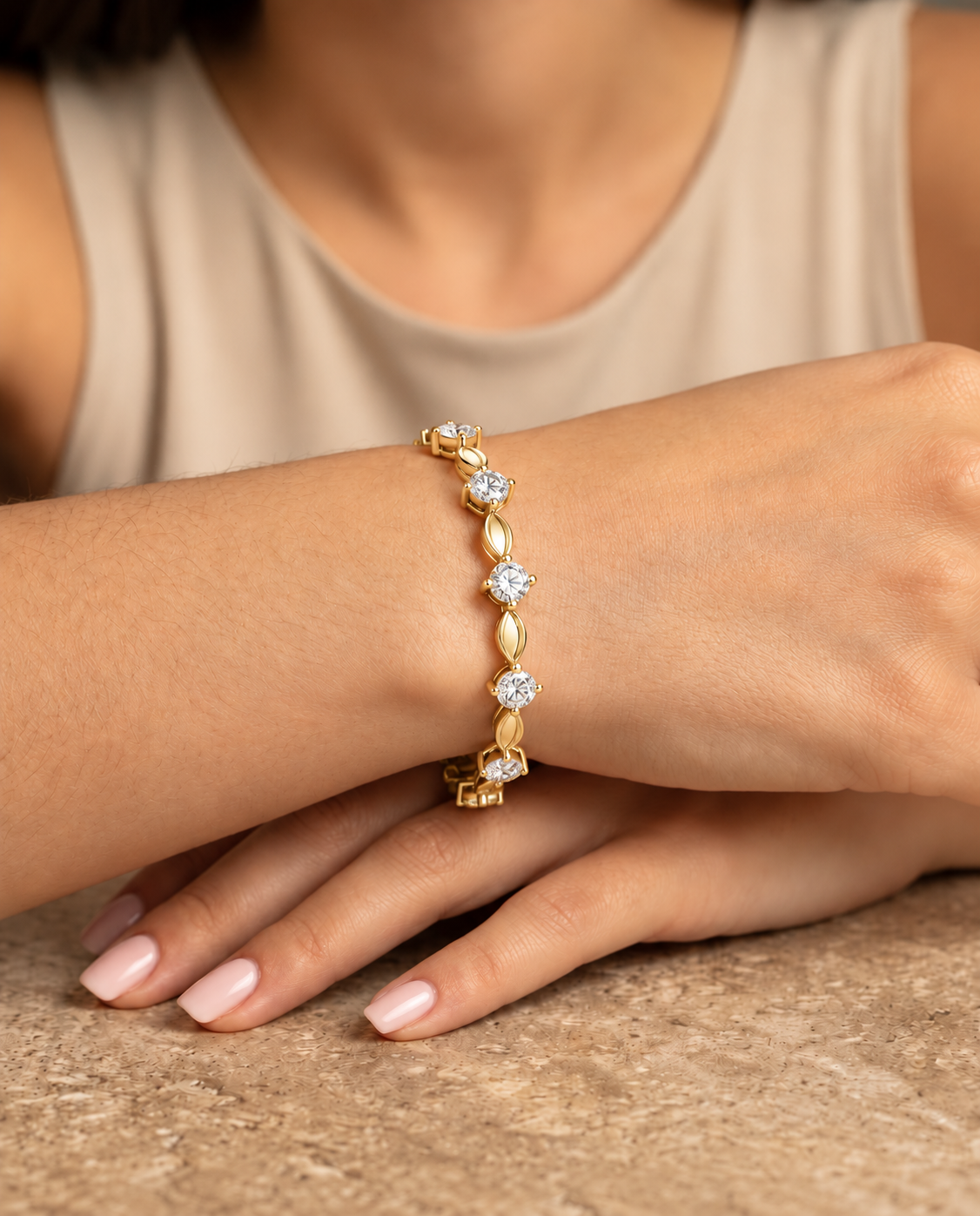 Navelle Leaf Link Round Lab Grown Diamond Station Bracelet