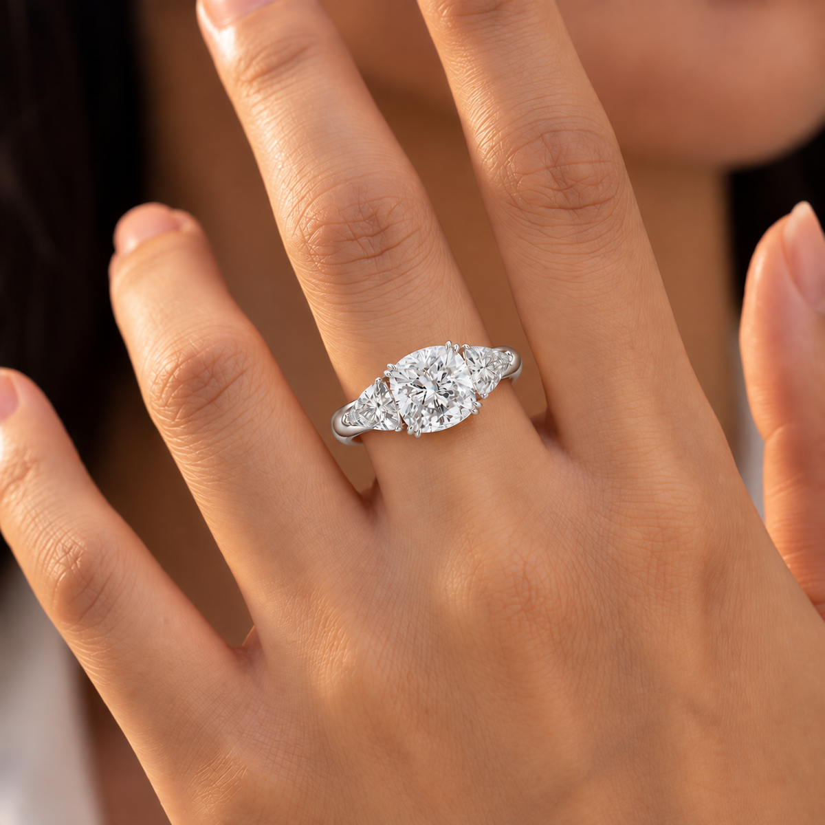 Pear Cut Lab Grown Diamond Three-Stone Engagement Ring.