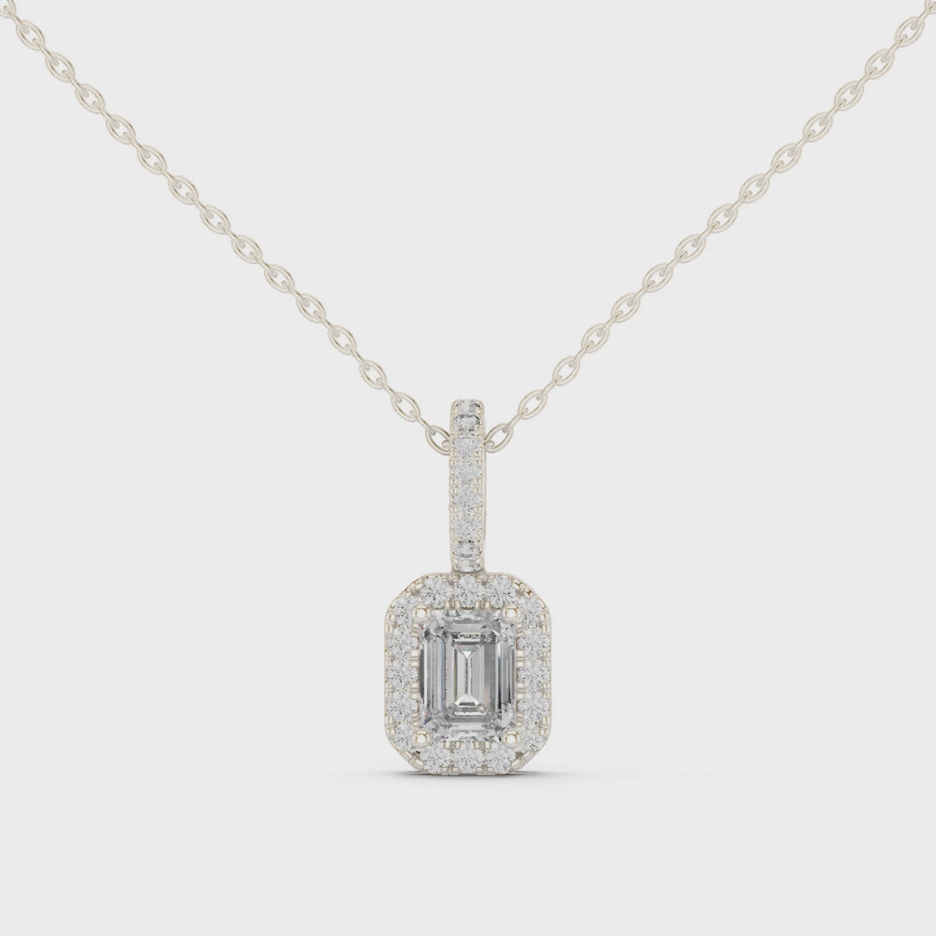 Emeralyn Emerald Cut Halo Lab Grown Diamond Pendant with Diamond Bail
