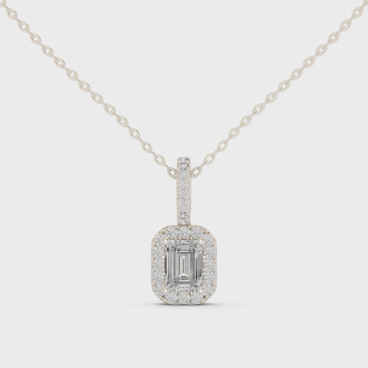 Emeralyn Emerald Cut Halo Lab Grown Diamond Pendant with Diamond Bail