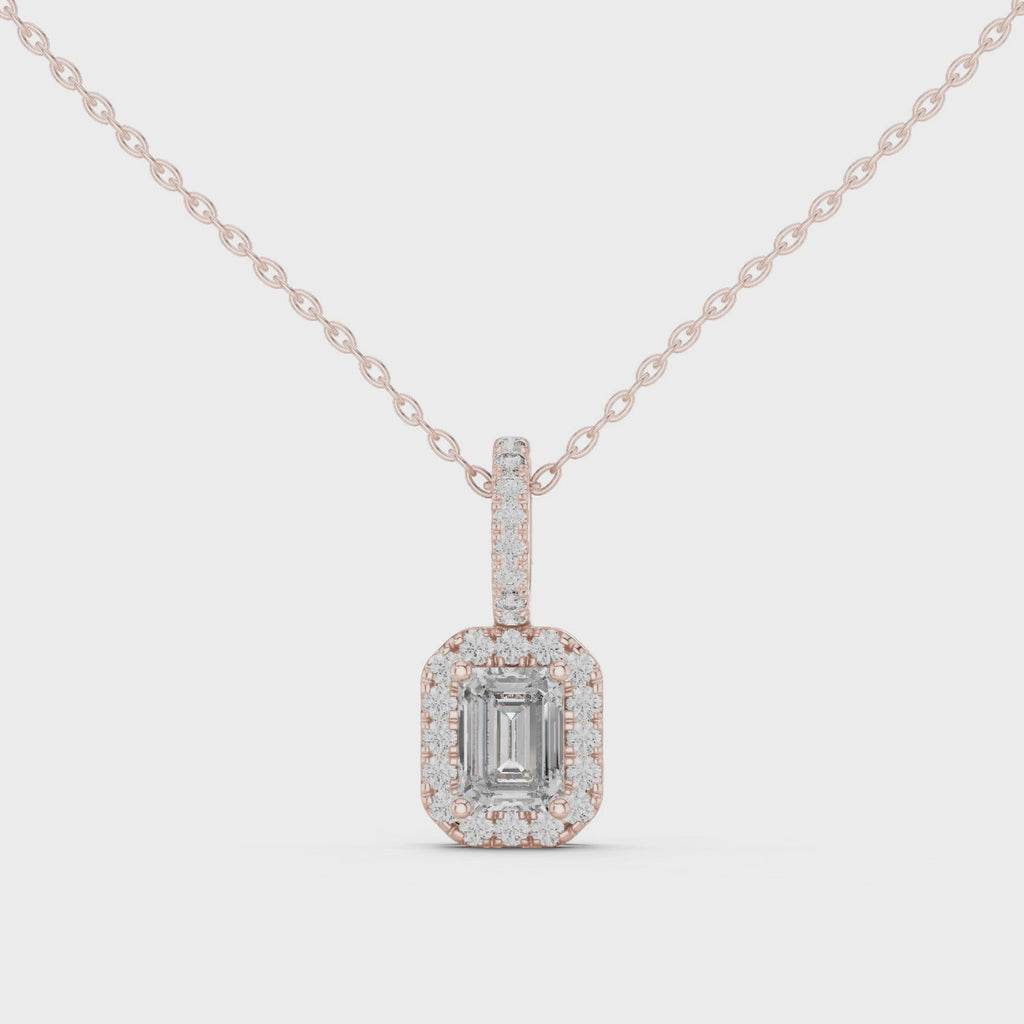 Emeralyn Emerald Cut Halo Lab Grown Diamond Pendant with Diamond Bail